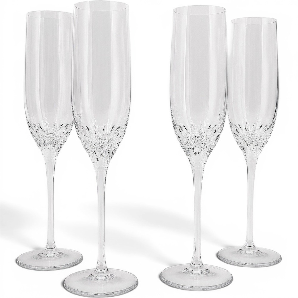 Rogaska Blossom Crystal Champagne Flutes Set of 4 Signed Petal Cut Stemware